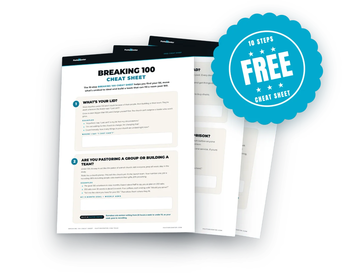 Breaking 100 Cheat Sheet — Build a team that can fill a room past 100. A free cheat sheet from Pastor Center.