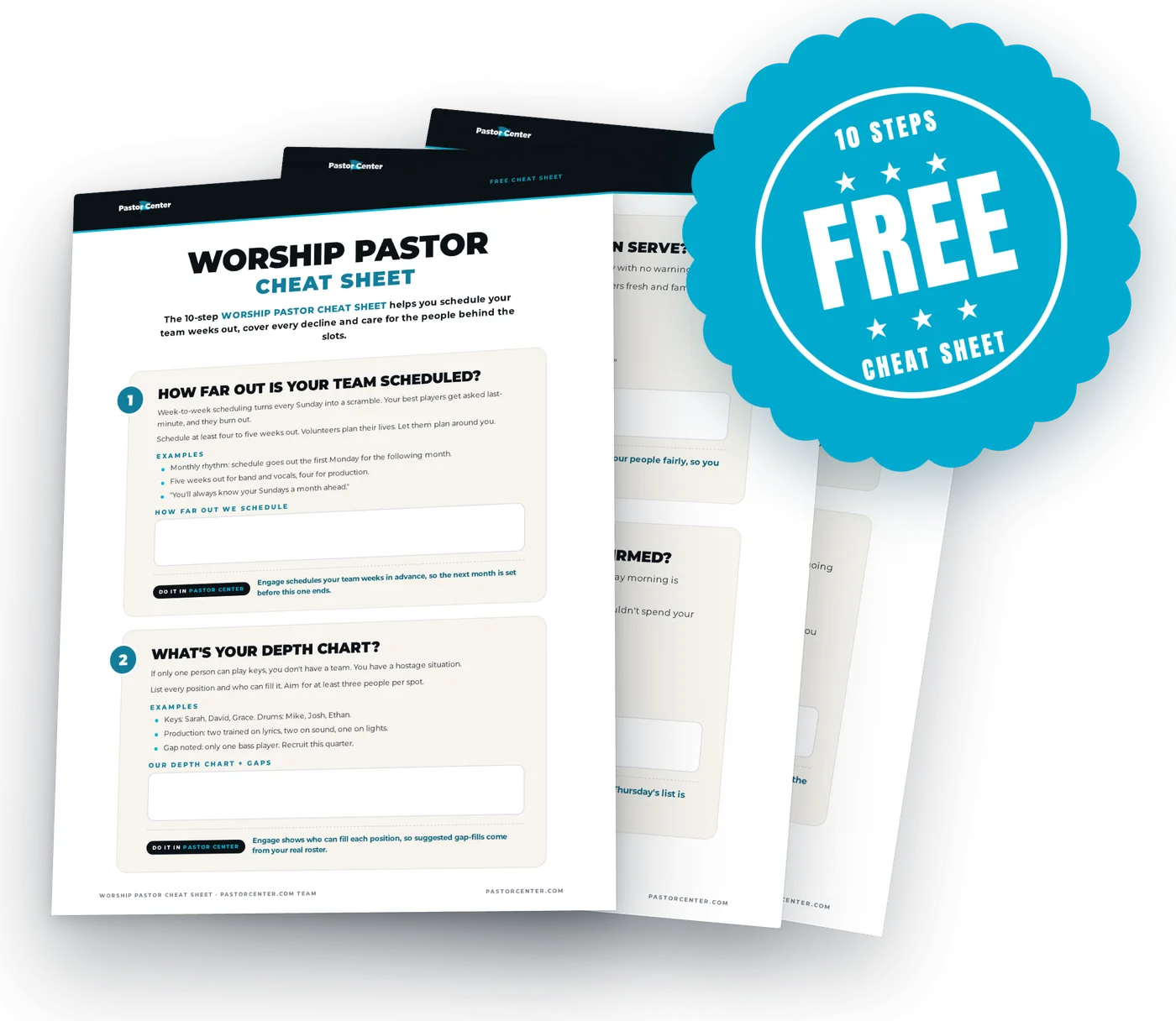 Worship Pastor Cheat Sheet — Schedule weeks out, cover every decline. A free cheat sheet from Pastor Center.