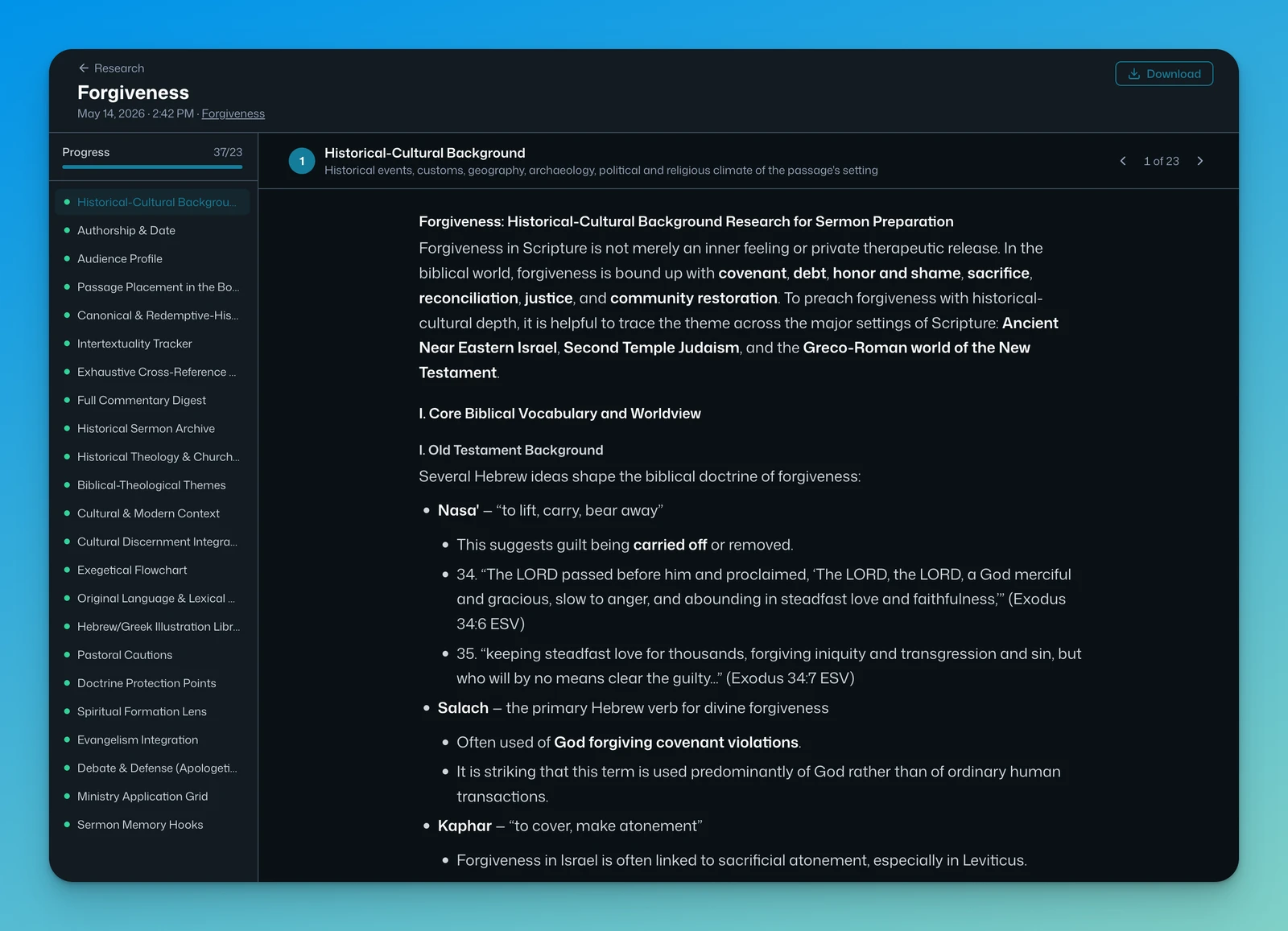 Deep Sermon Research report screenshot — Forgiveness study with 23-section sidebar and citation-rich content