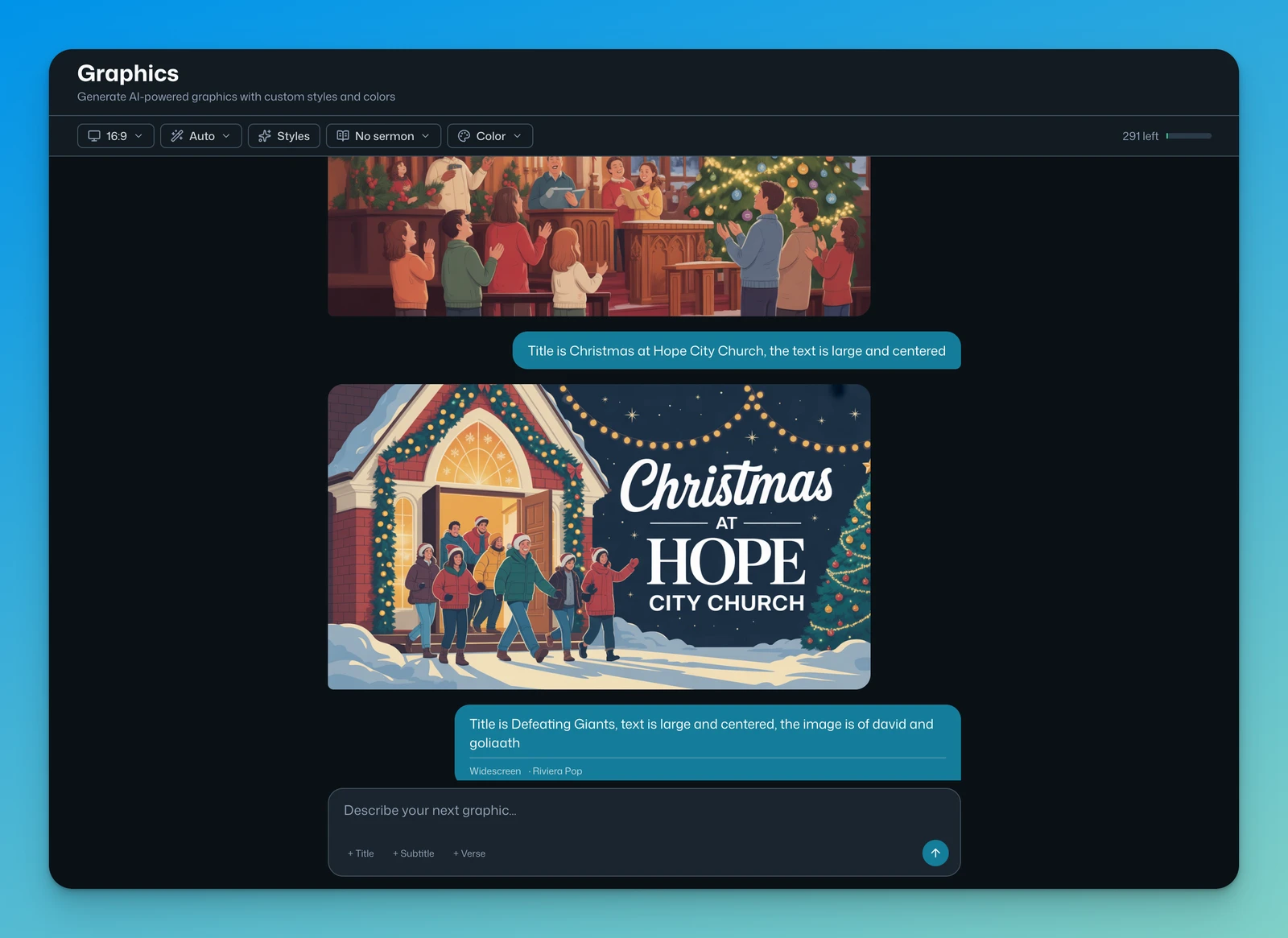 Church Graphics Creator — generate quote cards, verse art, series covers, and event flyers from your sermon