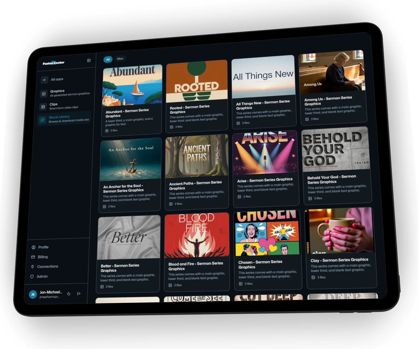 Sermon Graphics Library on iPad — browsable stock library of sermon series graphics with main, lower-third, and blank versions