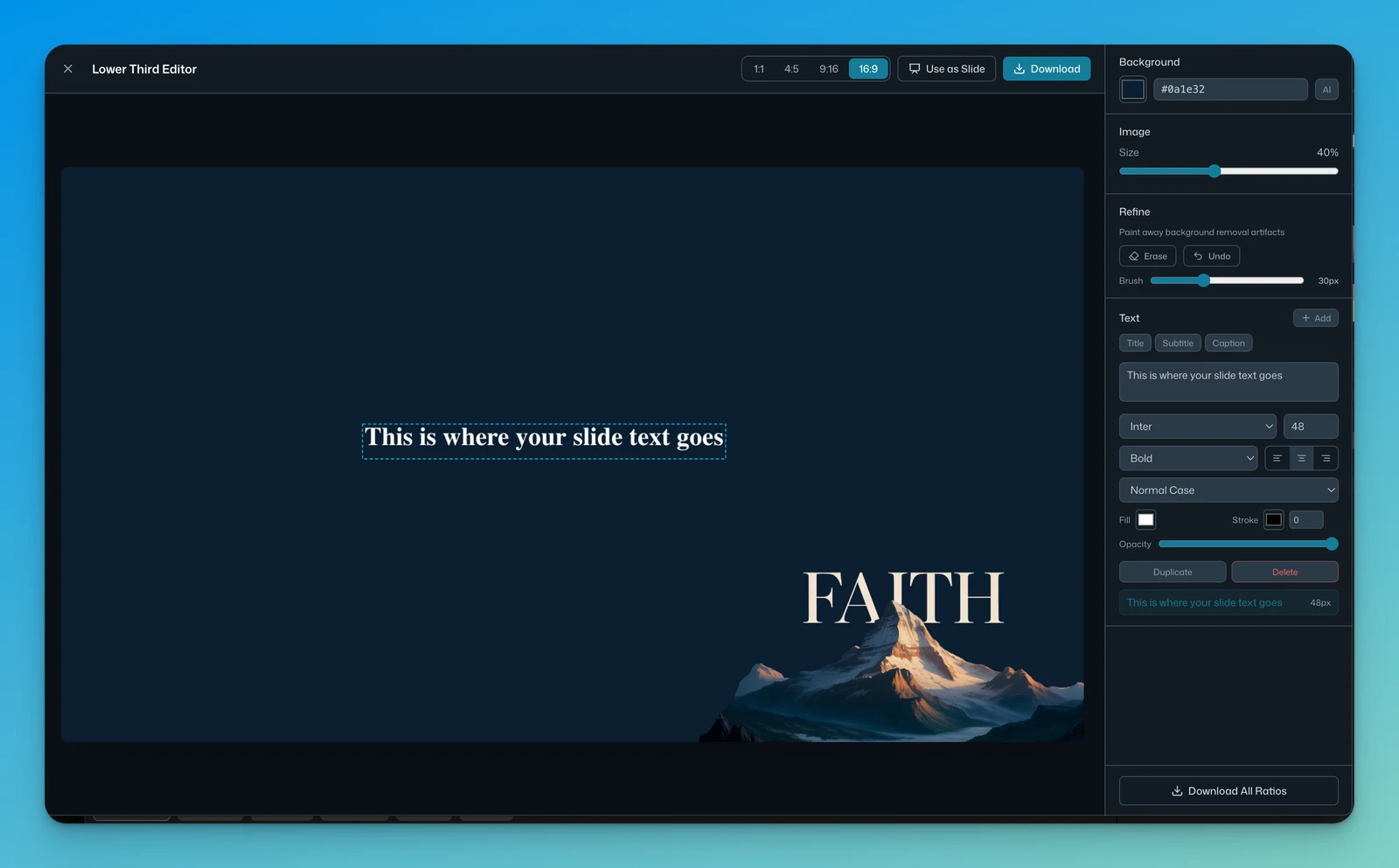 Image Editor — reformat a graphic for 9:16, 16:9, 1:1, 4:5 and add lower thirds