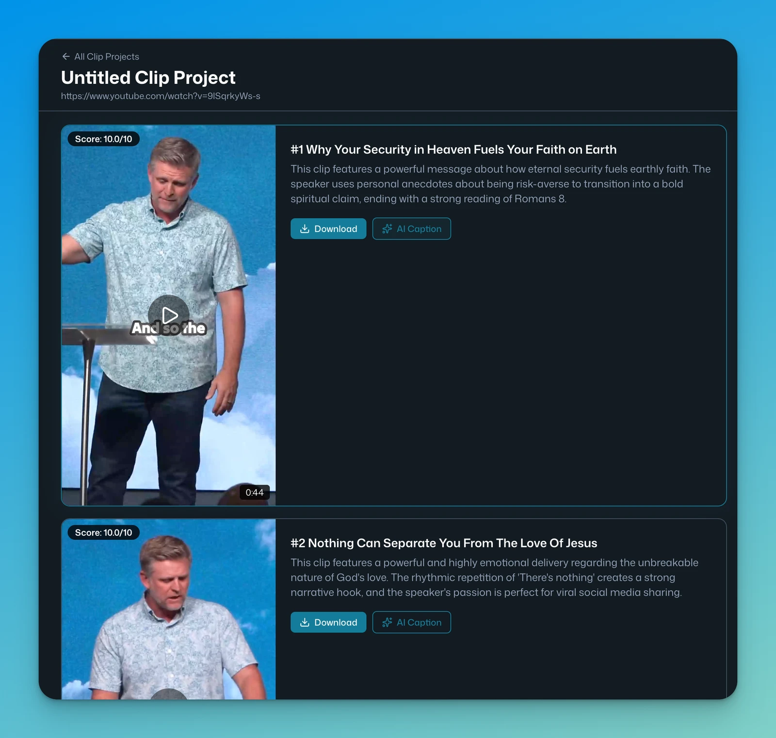 Sermon Clips — ranked clip suggestions with captions, ready to export