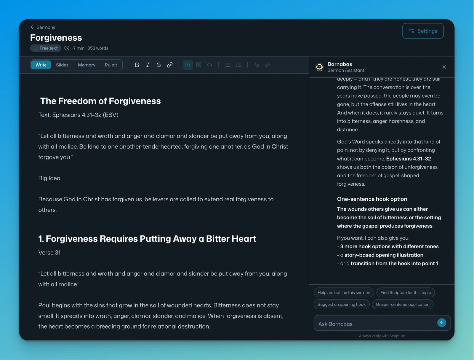 Sermon Writer editor — Barnabas writing alongside you in your own voice