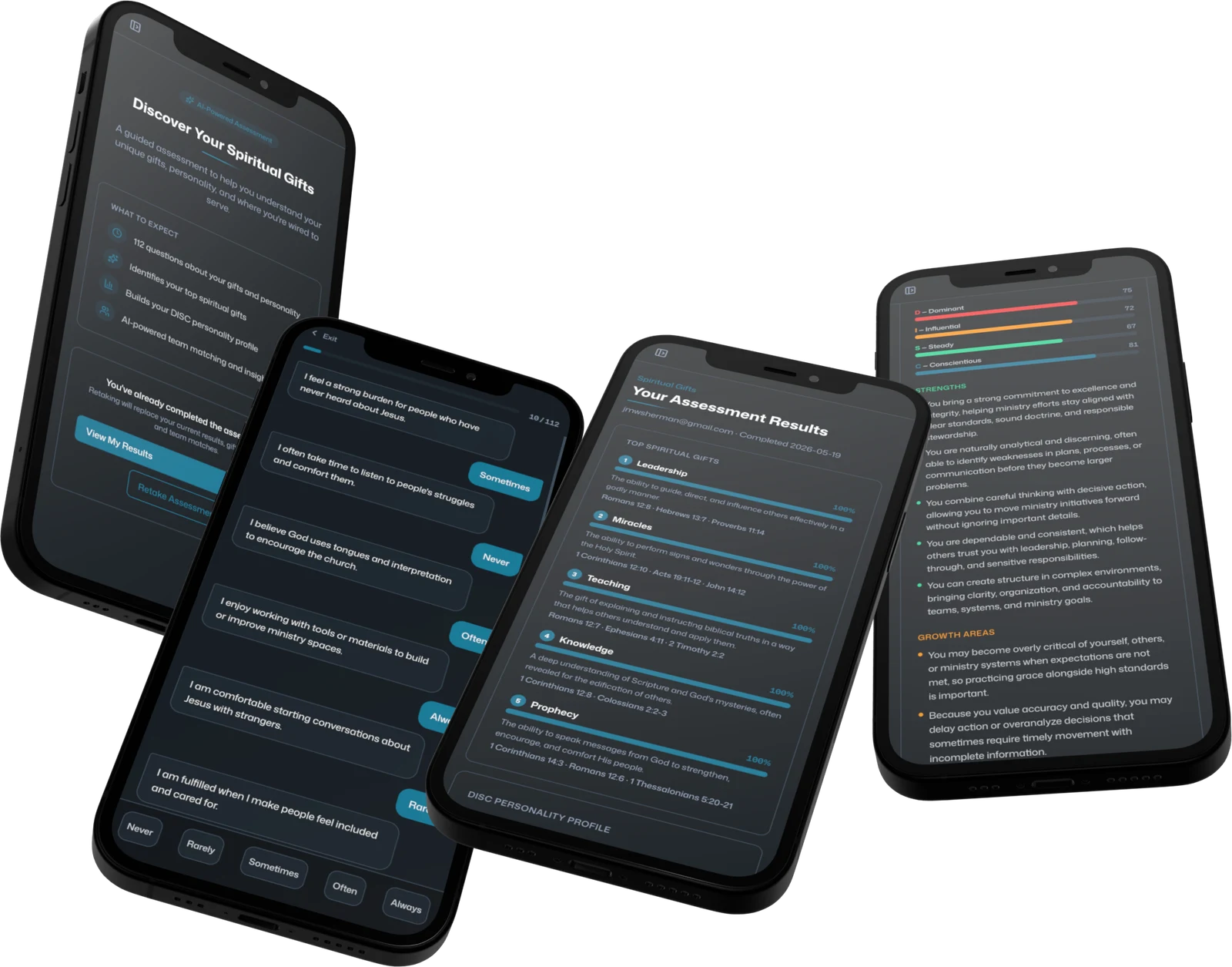 The spiritual gifts test on four phones — questions, results, and gift scores