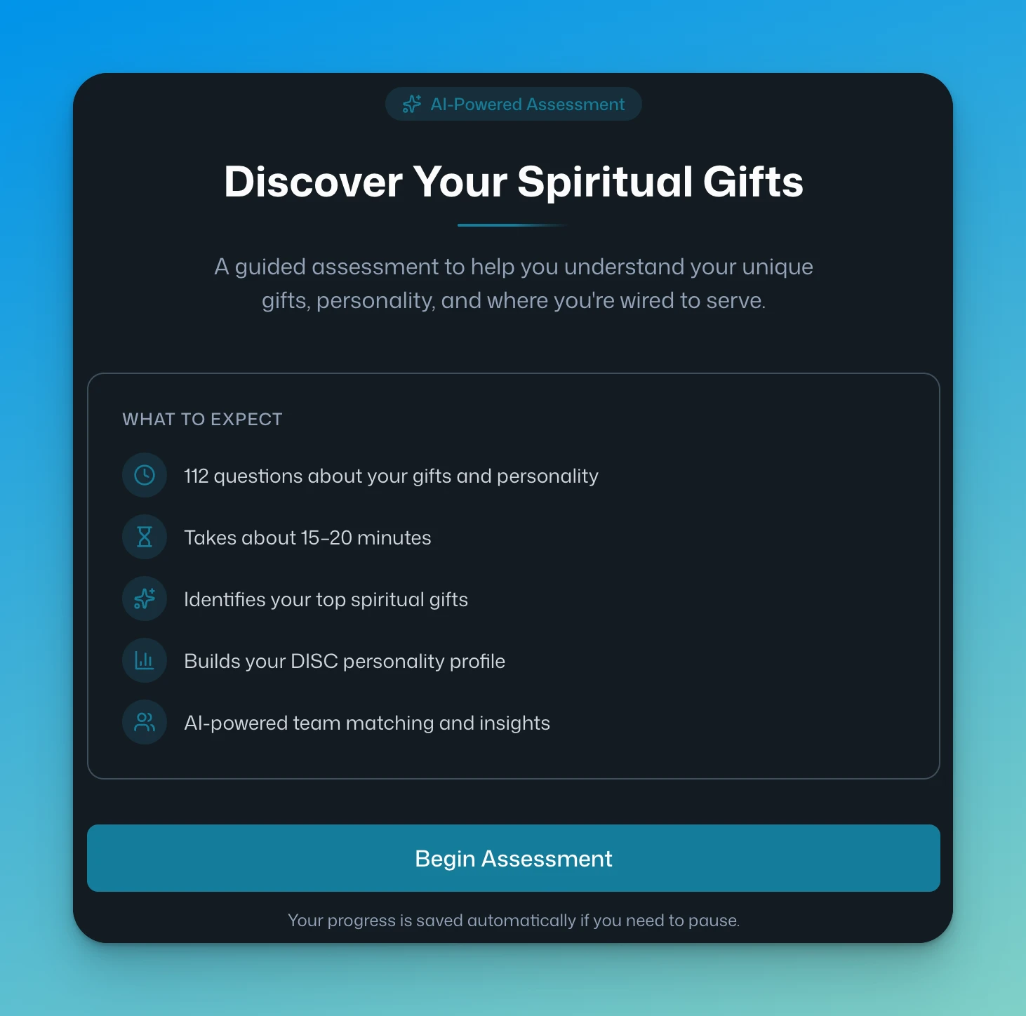 Spiritual Gifts assessment start screen — Discover Your Spiritual Gifts, 112 questions, 15–20 minutes