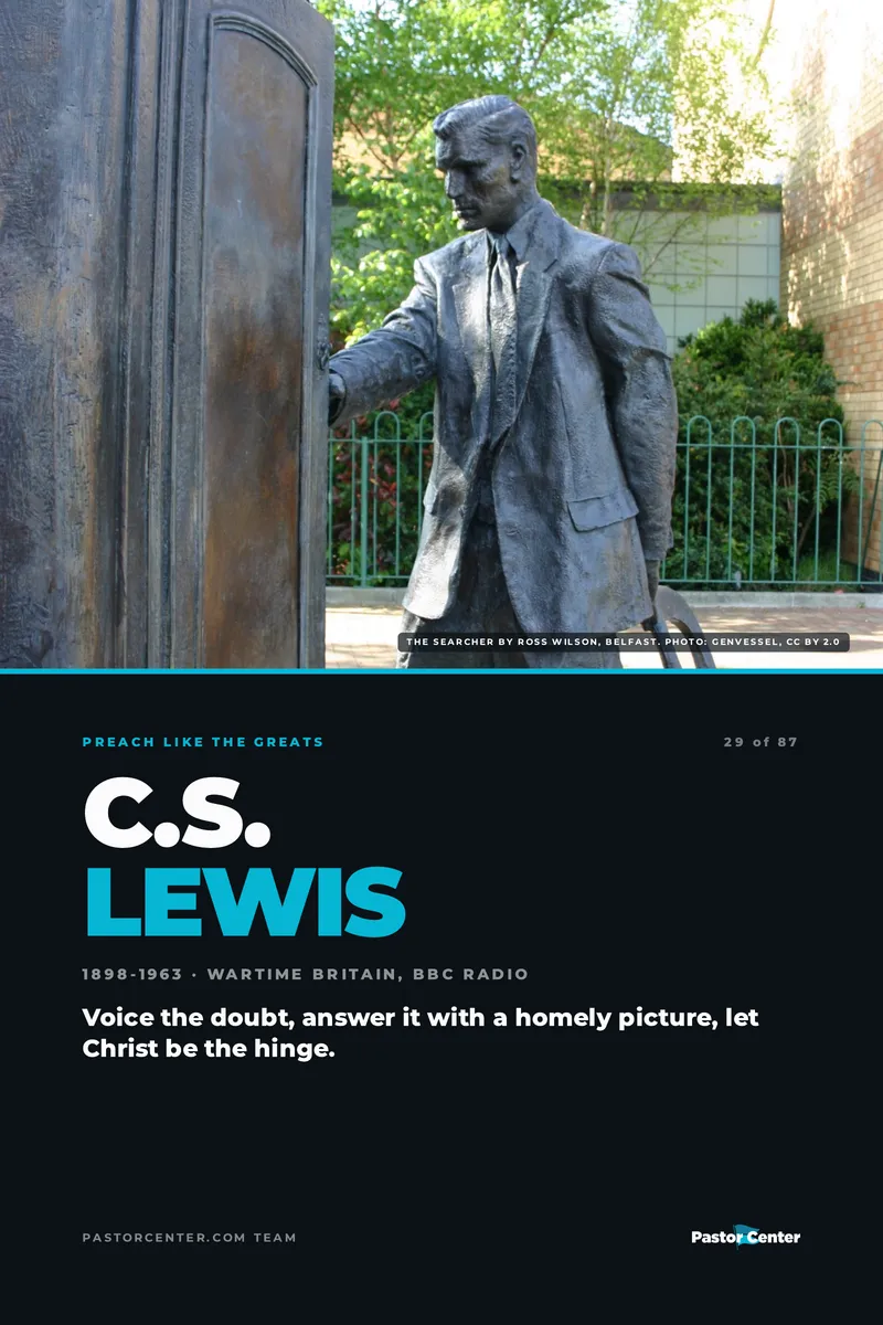 Preach Like C.S. Lewis — Voice the doubt, answer it with a homely picture, let Christ be the hinge.. A free guide from Pastor Center.