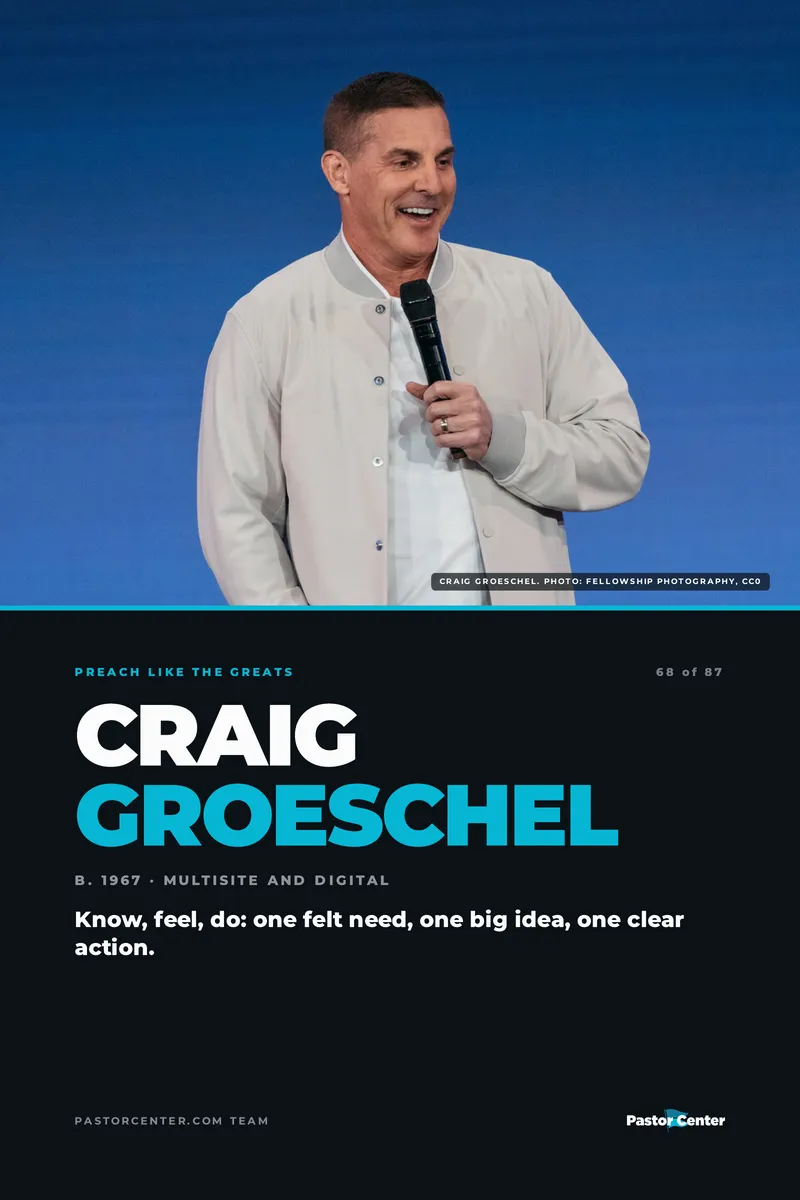 Preach Like Craig Groeschel — Know, feel, do: one felt need, one big idea, one clear action.. A free guide from Pastor Center.