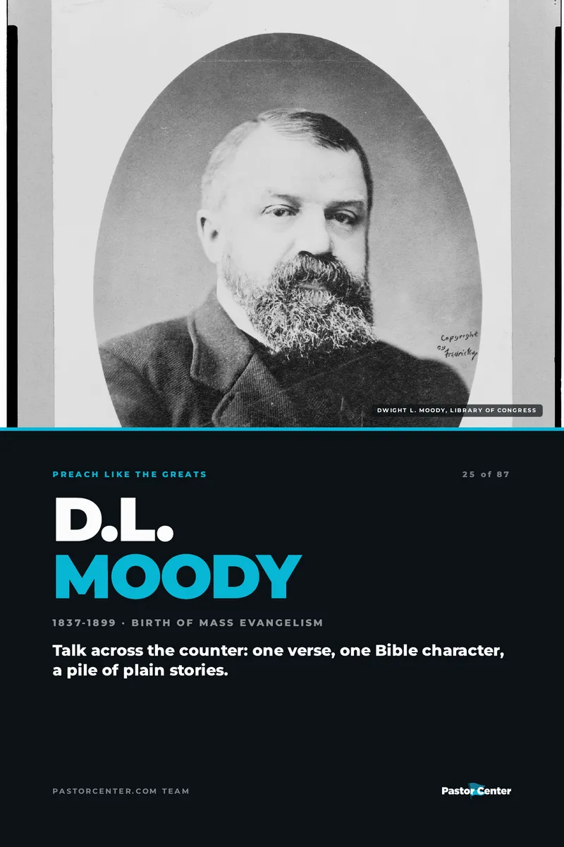 Preach Like D.L. Moody — Talk across the counter: one verse, one Bible character, a pile of plain stories.. A free guide from Pastor Center.