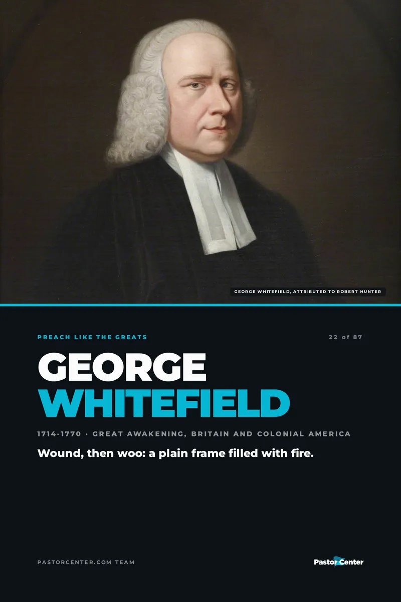 Preach Like George Whitefield — Wound, then woo: a plain frame filled with fire.. A free guide from Pastor Center.
