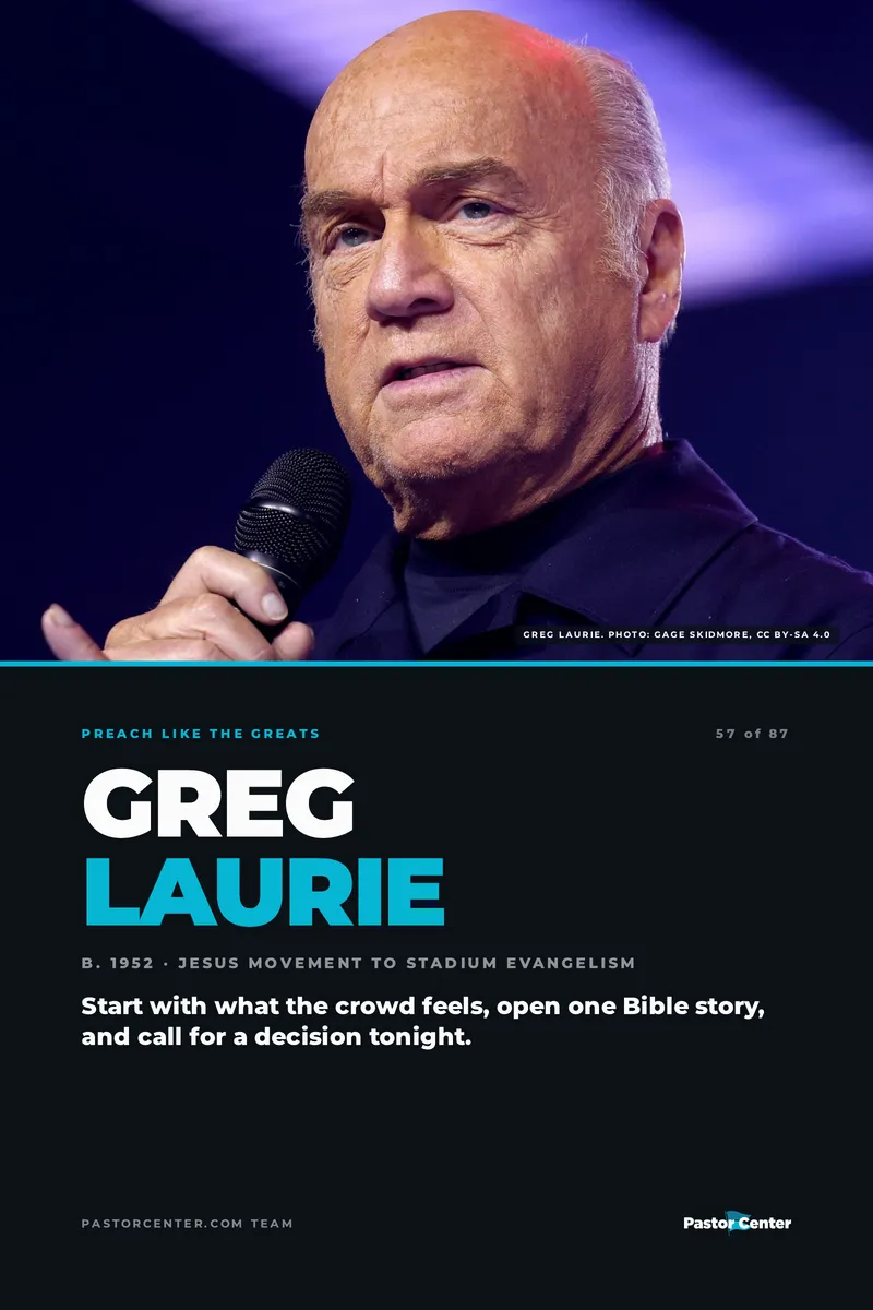 Preach Like Greg Laurie — Start with what the crowd feels, open one Bible story, and call for a decision tonight.. A free guide from Pastor Center.