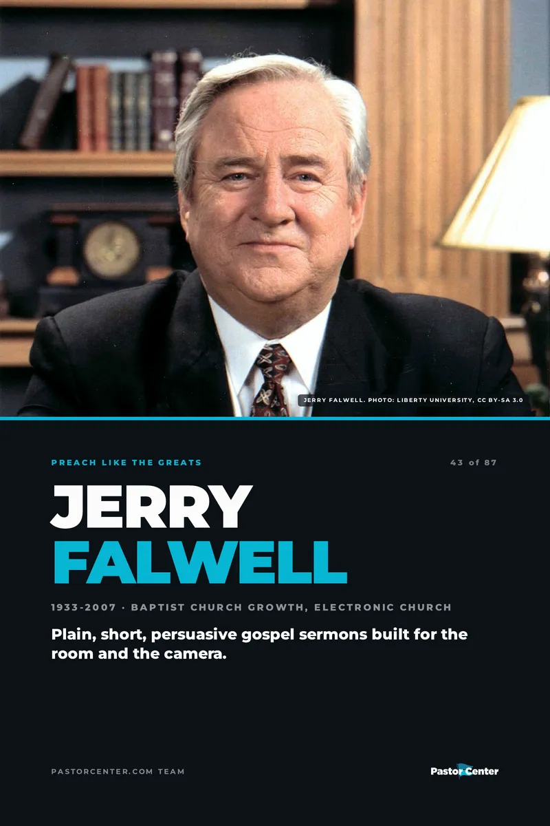 Preach Like Jerry Falwell — Plain, short, persuasive gospel sermons built for the room and the camera.. A free guide from Pastor Center.