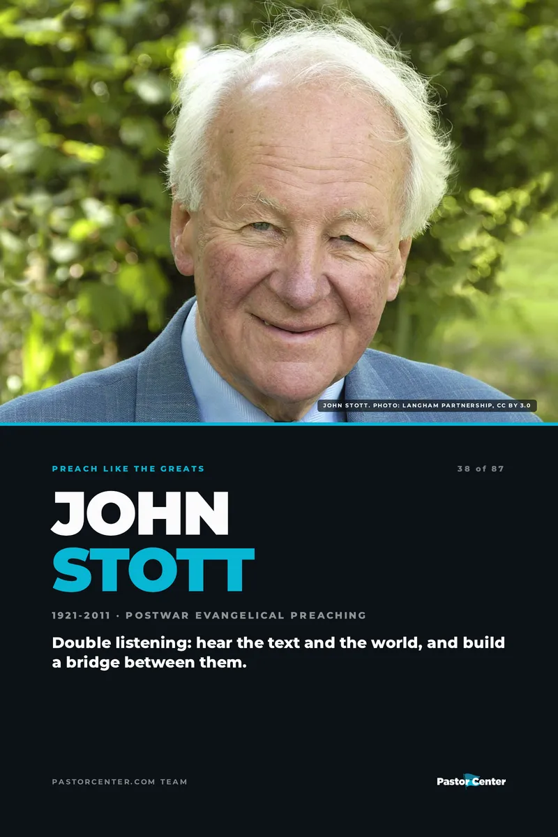 Preach Like John Stott — Double listening: hear the text and the world, and build a bridge between them.. A free guide from Pastor Center.
