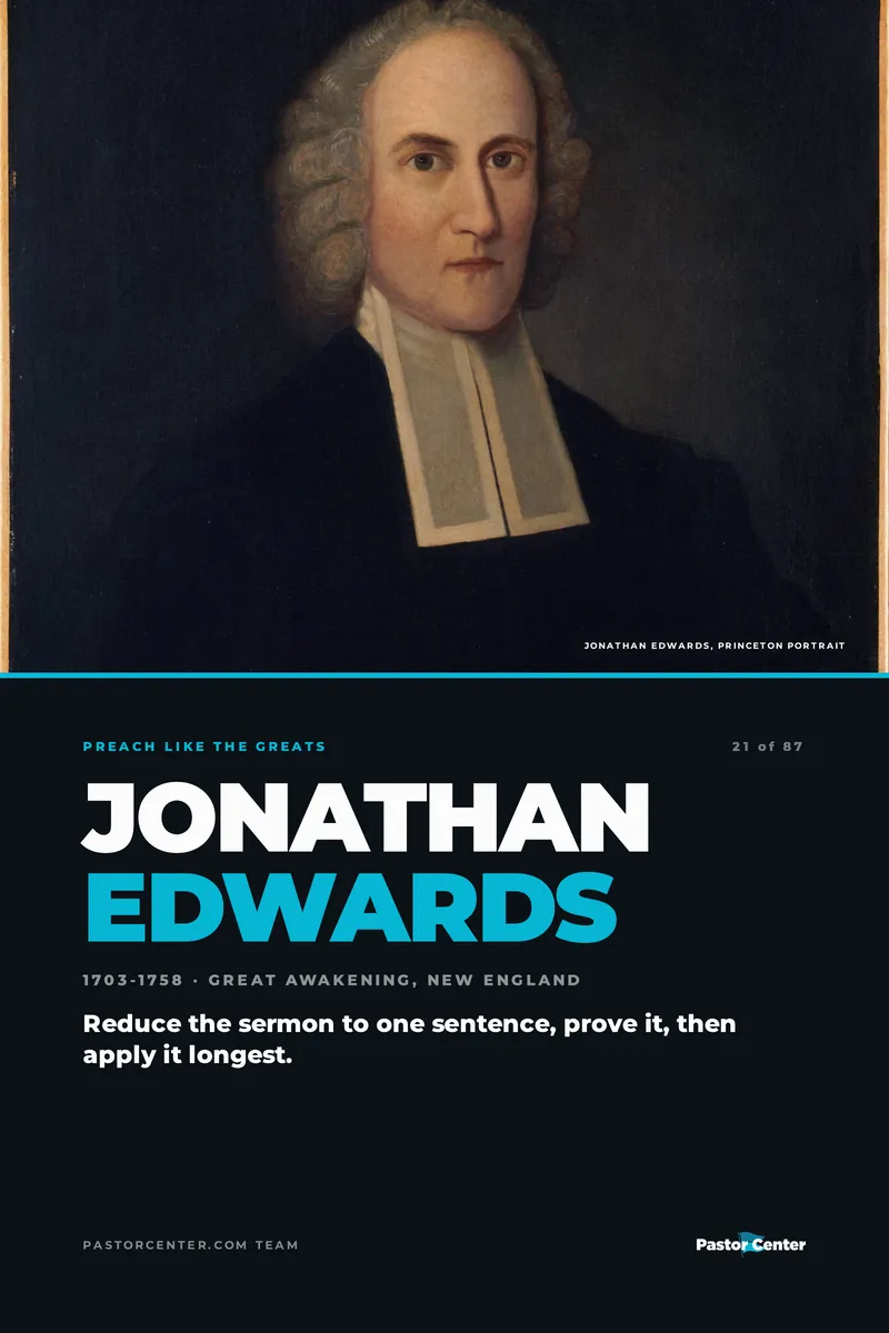 Preach Like Jonathan Edwards — Reduce the sermon to one sentence, prove it, then apply it longest.. A free guide from Pastor Center.
