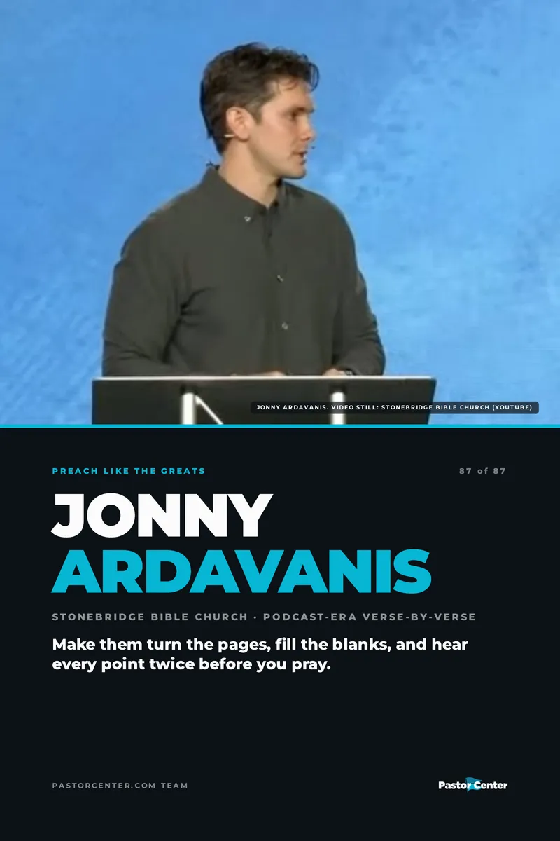 Preach Like Jonny Ardavanis — Make them turn the pages, fill the blanks, and hear every point twice before you pray.. A free guide from Pastor Center.