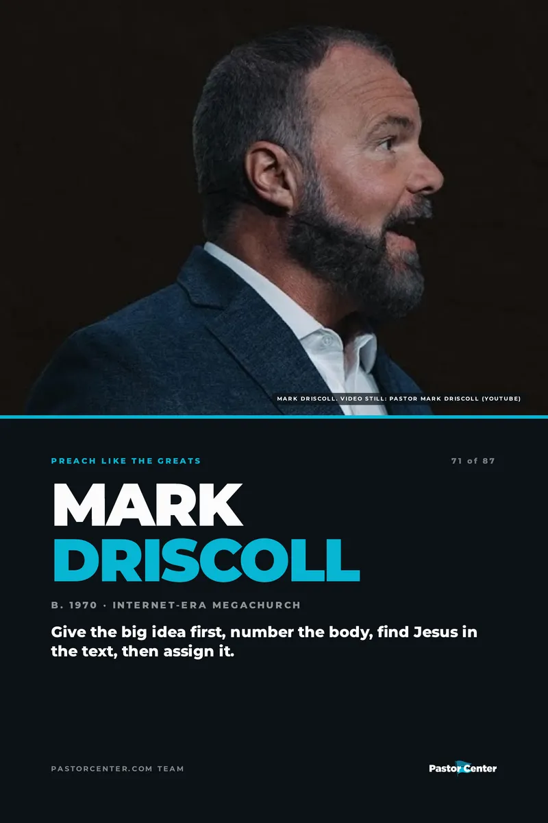 Preach Like Mark Driscoll — Give the big idea first, number the body, find Jesus in the text, then assign it.. A free guide from Pastor Center.