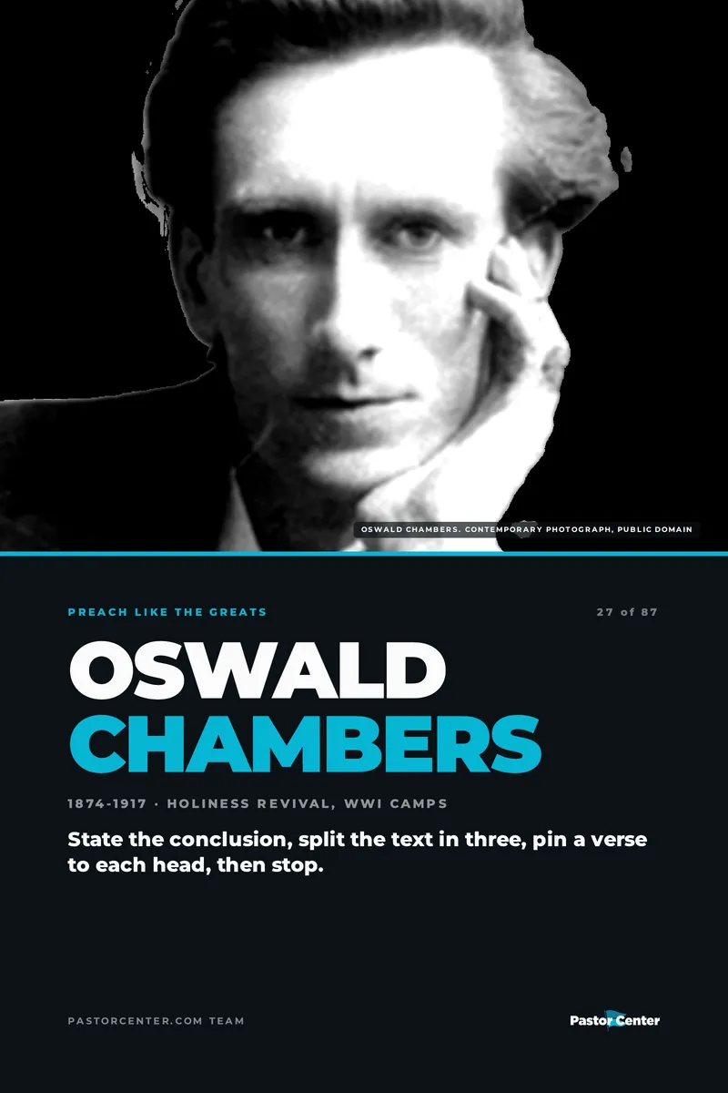 Preach Like Oswald Chambers — State the conclusion, split the text in three, pin a verse to each head, then stop.. A free guide from Pastor Center.