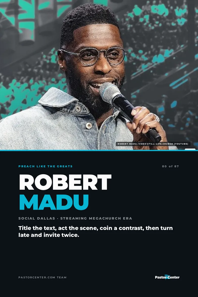 Preach Like Robert Madu — Title the text, act the scene, coin a contrast, then turn late and invite twice.. A free guide from Pastor Center.