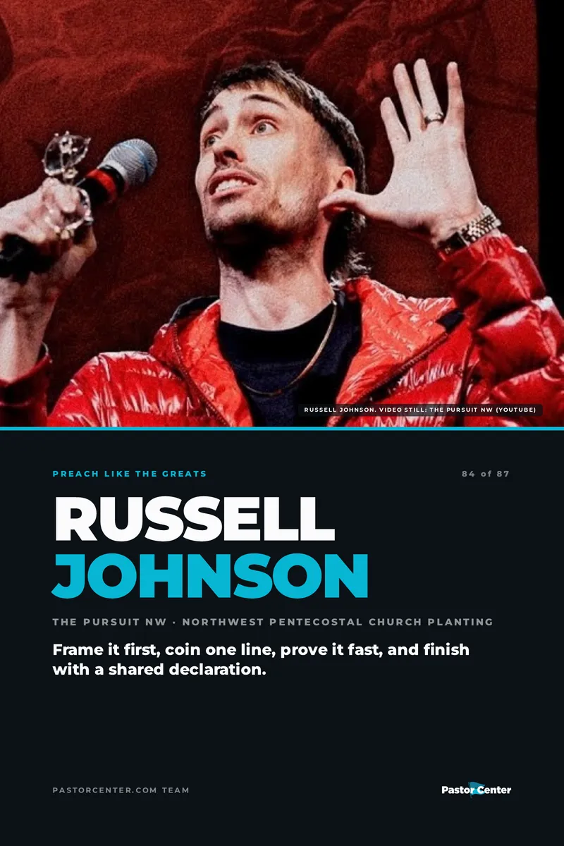 Preach Like Russell Johnson — Frame it first, coin one line, prove it fast, and finish with a shared declaration.. A free guide from Pastor Center.