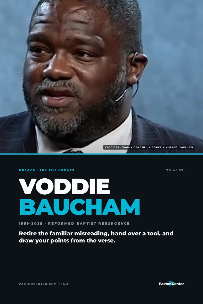 Preach Like Voddie Baucham — Retire the familiar misreading, hand over a tool, and draw your points from the verse.. A free guide from Pastor Center.