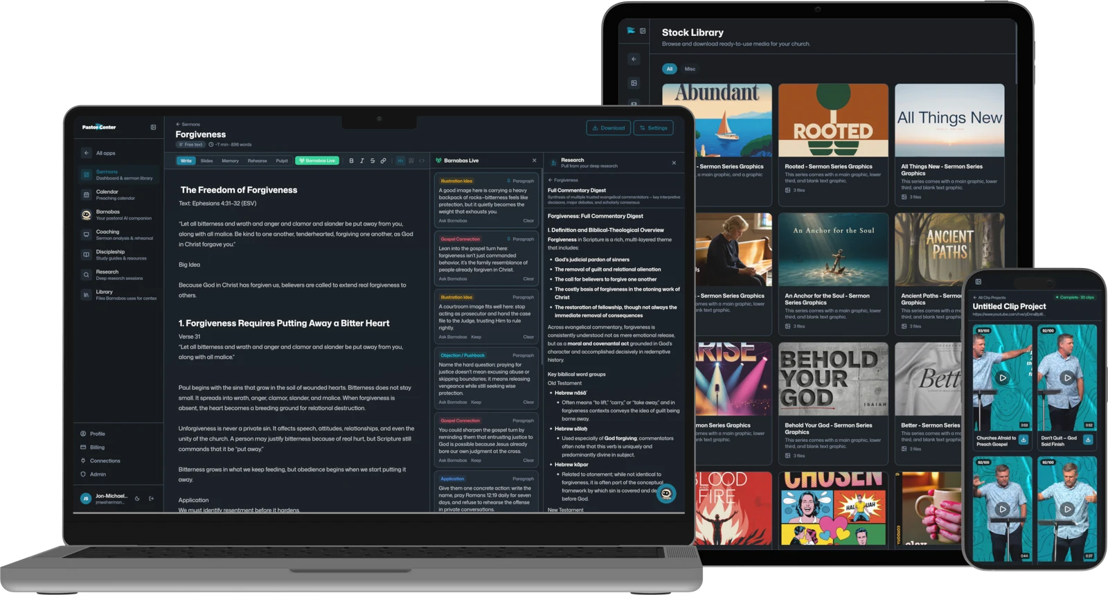 Pastor Center on MacBook, iPad, and iPhone — the sermon writer, the sermon graphics library, and a clip project