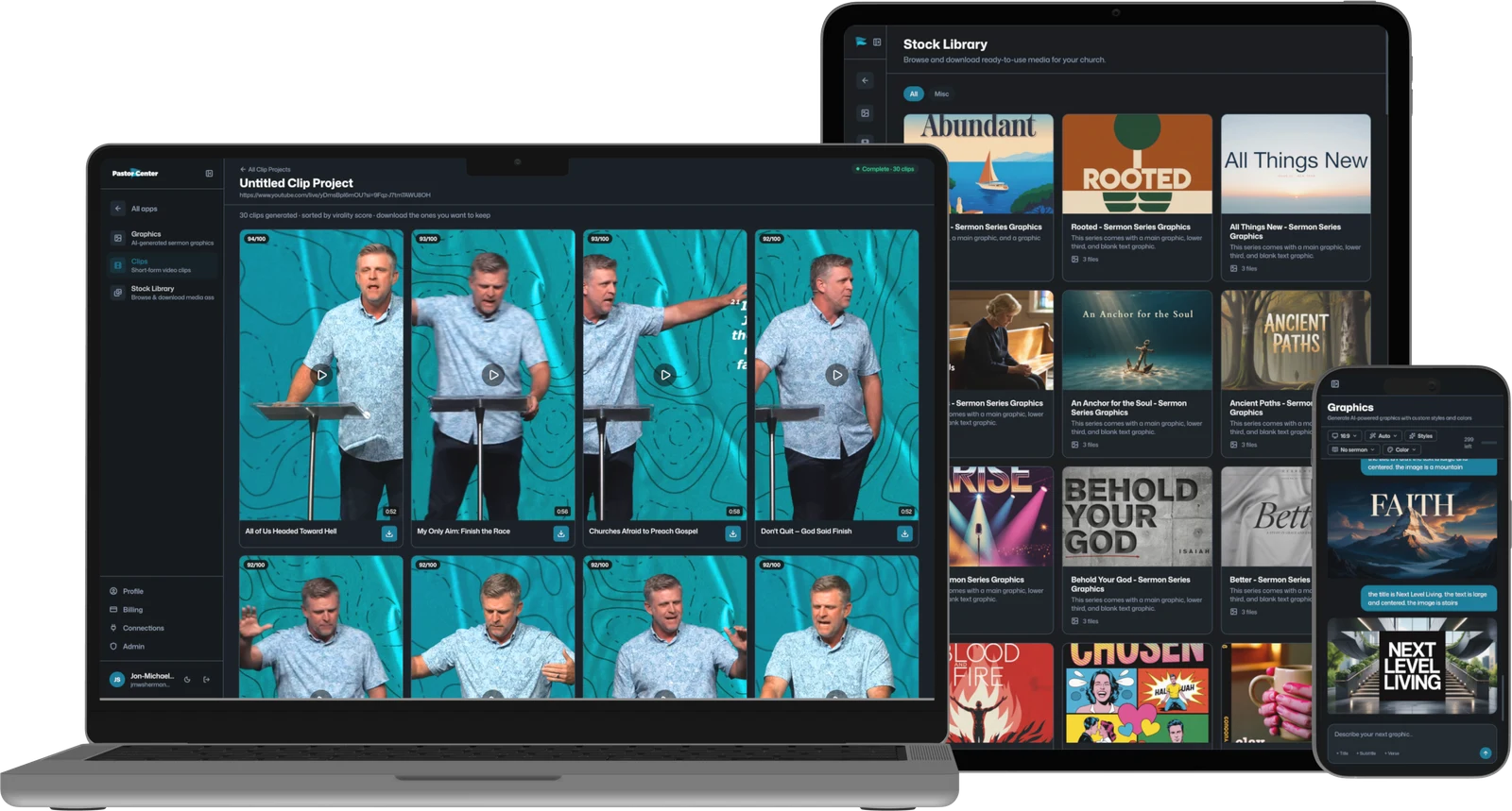 Church Media on MacBook, iPad, and iPhone — sermon clips, the stock library, and graphics on every device
