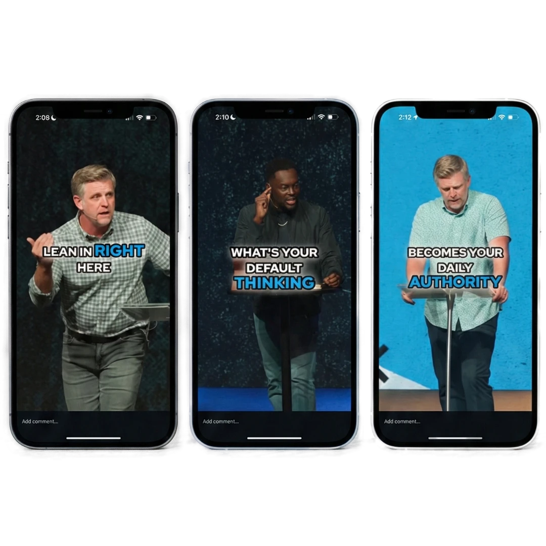 Three phones showing captioned sermon clips on TikTok-style screens