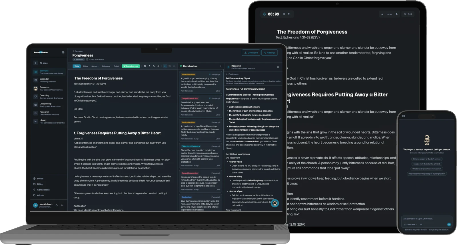 Pastor Center Sermons on MacBook, iPad, and iPhone — the sermon writer and Barnabas across every device